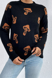 Black acrylic mock neck sweater with allover brown mushroom motif