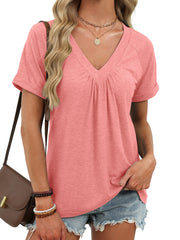 Pink ruched V-neck short sleeve t-shirt with elastane.