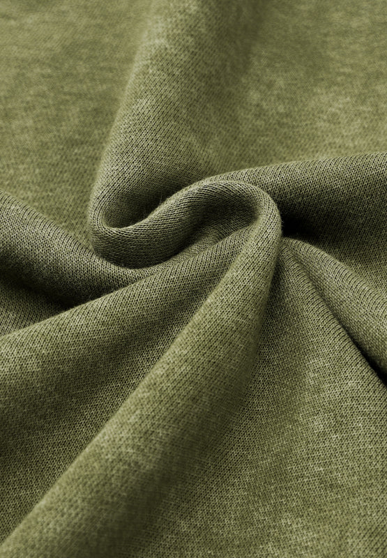 Acid wash moss green sweatshirt with mock neck, close-up detail of fabric texture.