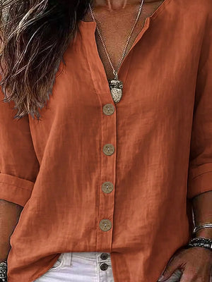 Linen Long-sleeve Top in Orange-red, model styling view