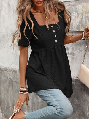 Black eyelet blouse with square neck, puff sleeves, and decorative buttons.