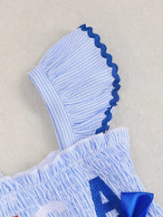 Children's Usa Themed Ruffled Sleeve Smocked Jumpsuit in Blue, back view