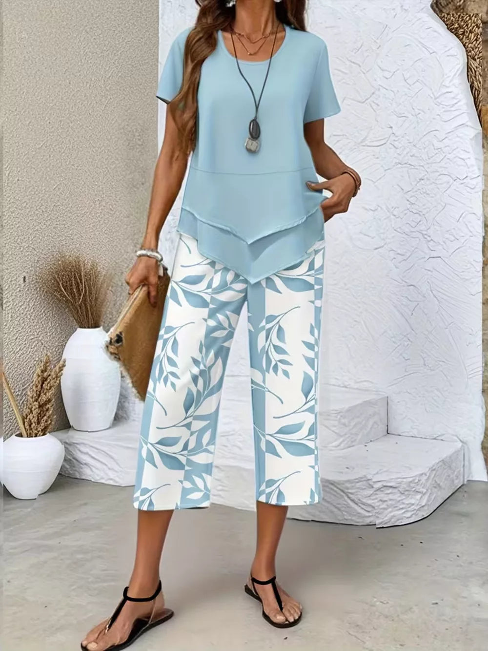 Chic Layered Top & Leaf Print Pants Set