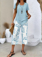 Chic Layered Top & Leaf Print Pants Set