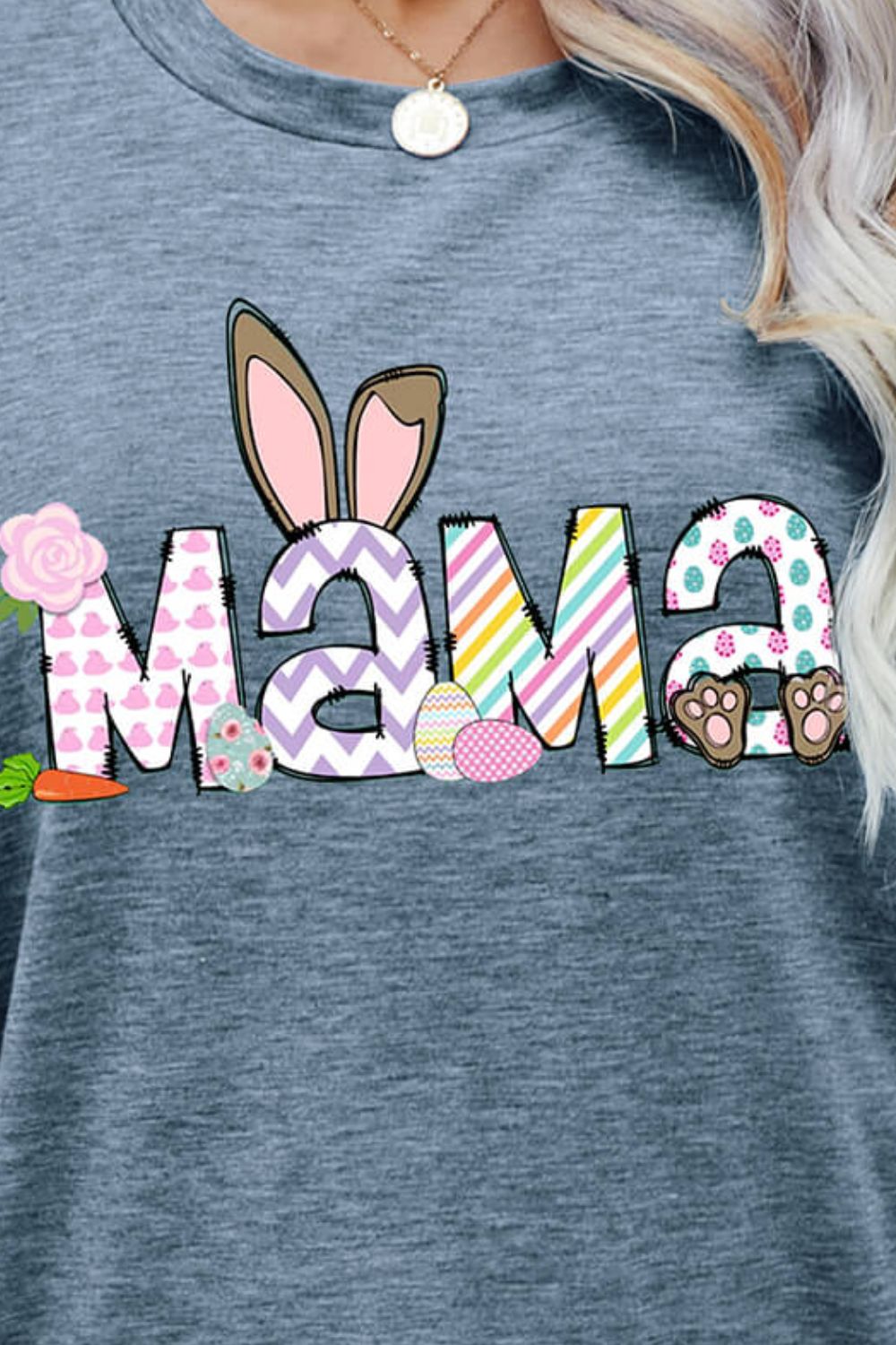 Heather Gray t-shirt with Easter Mama graphic featuring bunny ears, patterned letters, eggs, and paw prints.