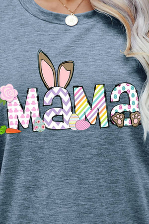 Heather Gray t-shirt with Easter Mama graphic featuring bunny ears, patterned letters, eggs, and paw prints.
