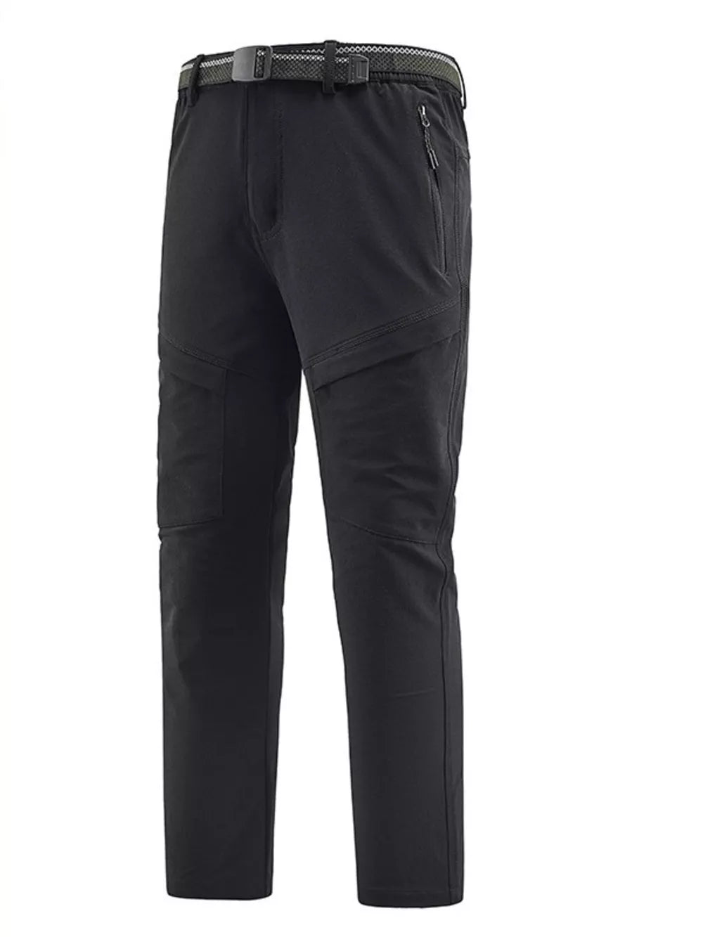 Men's black quick-dry sweatpants with zippered pockets and a belt.