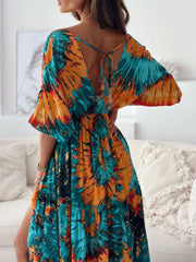 Printed V-neck Balloon Sleeve Maxi Dress in Black, view 13
