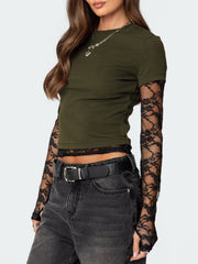 Military green fitted t-shirt with black lace sleeves and crew neck.
