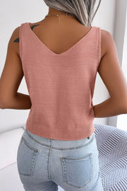 Dusty pink cable knit button-down tank top with V-neck and ribbed hem.