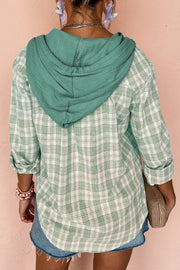 Plaid hooded shirt jacket in Gum Leaf green and white cotton with drawstrings.