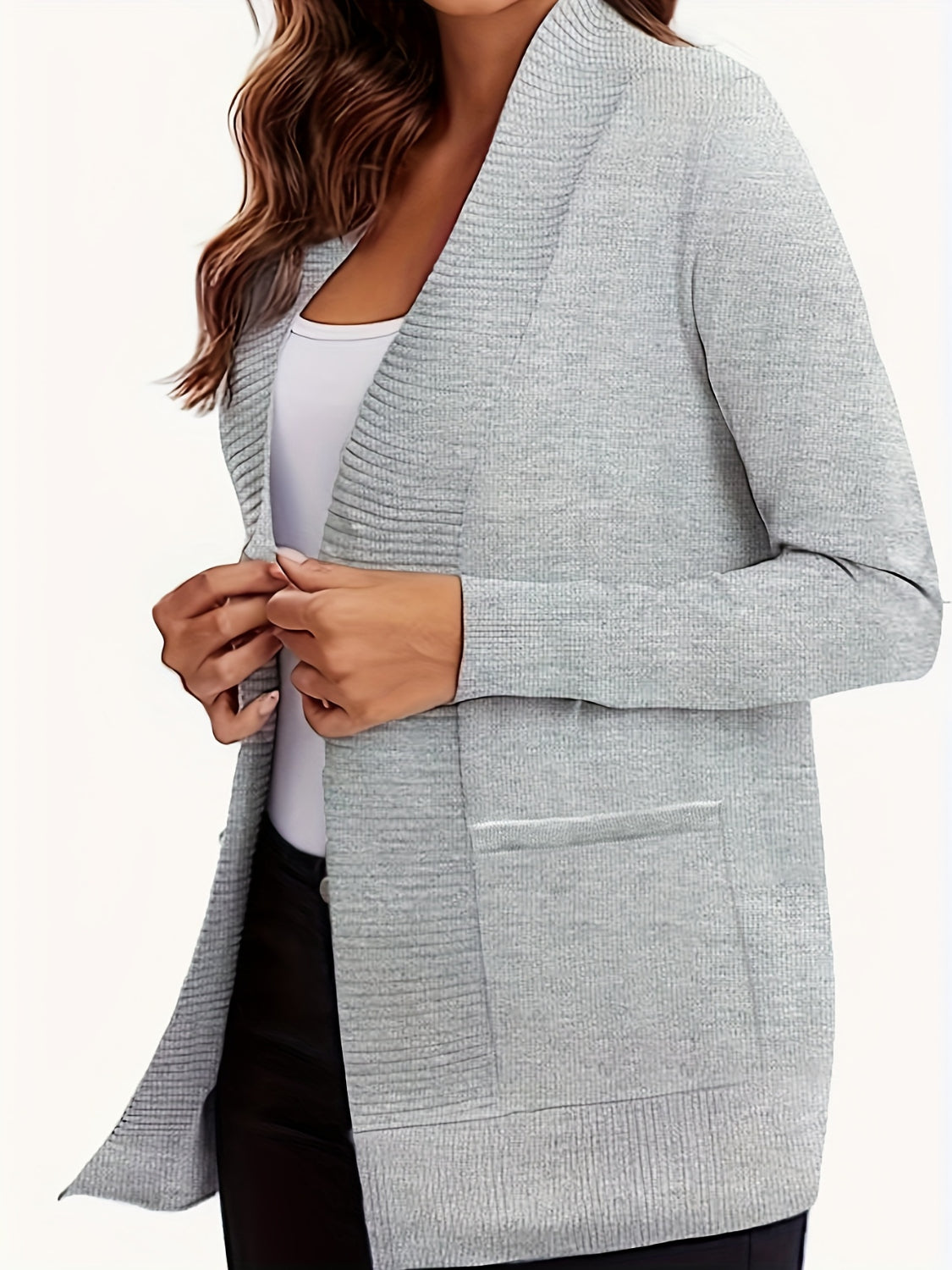 Gray textured knit open-front cardigan with pockets and shawl collar.