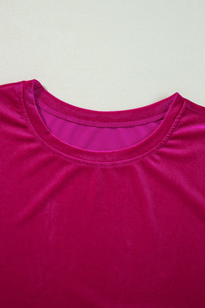 Velvet culotte set in deep rose with crew neck and short flutter sleeves.