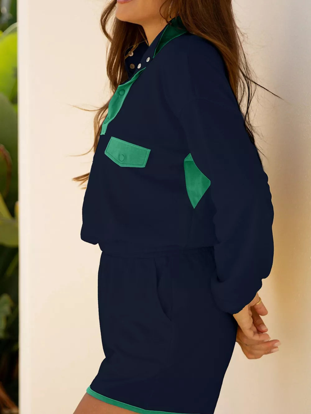 Navy and green color block cotton two-piece set with buttoned collar and chest pockets.
