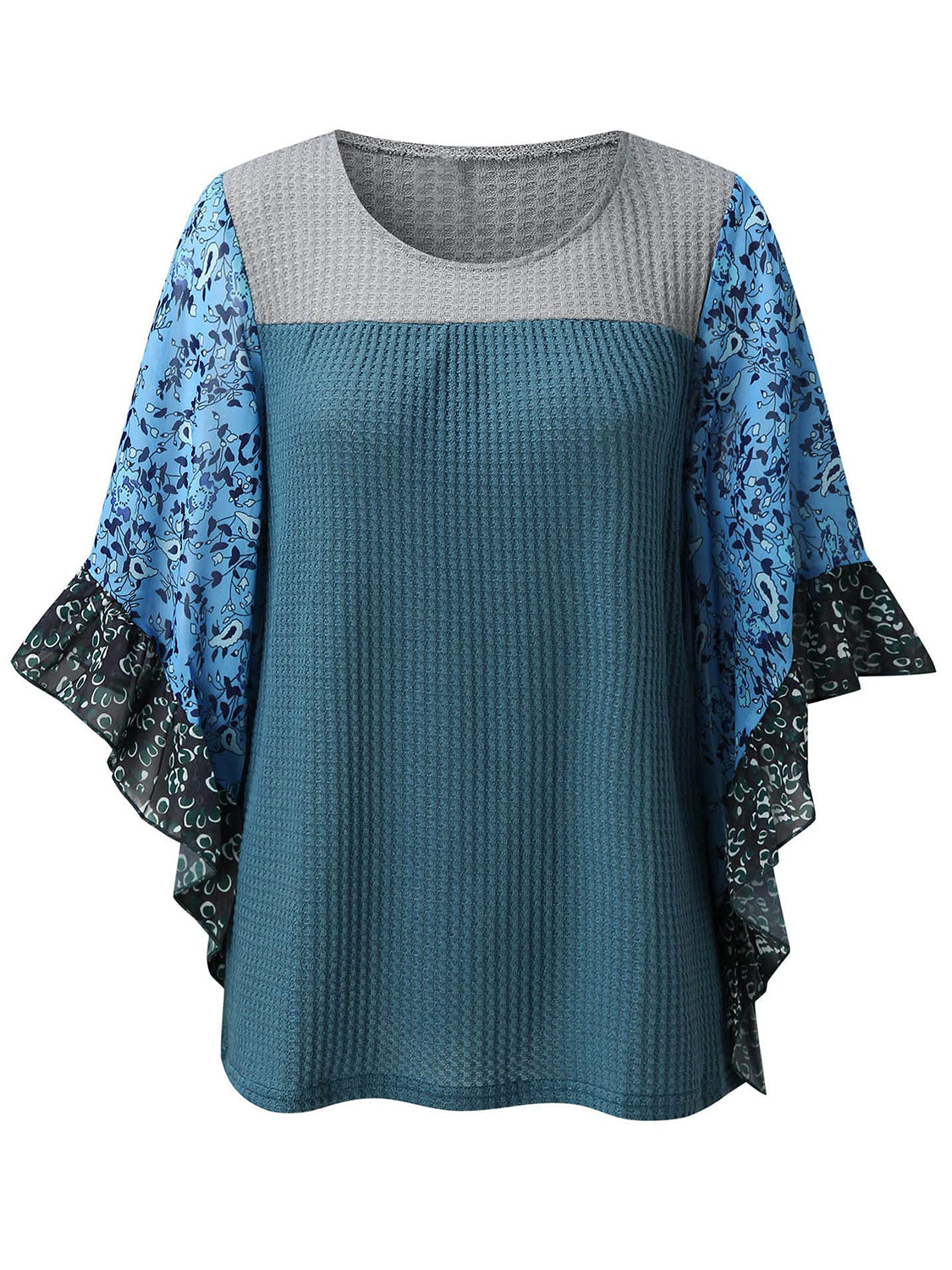 Textured panel blouse in Dusty Blue with gray and floral print flutter sleeves.