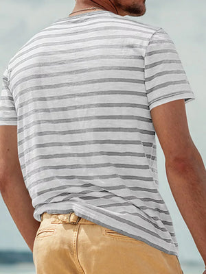 Men's Full Size Striped Pocket Short Sleeve T-shirt in Navy Blue, alternate angle