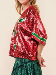 Sequin Christmas tree tee in red with green trim on sleeves and neckline.