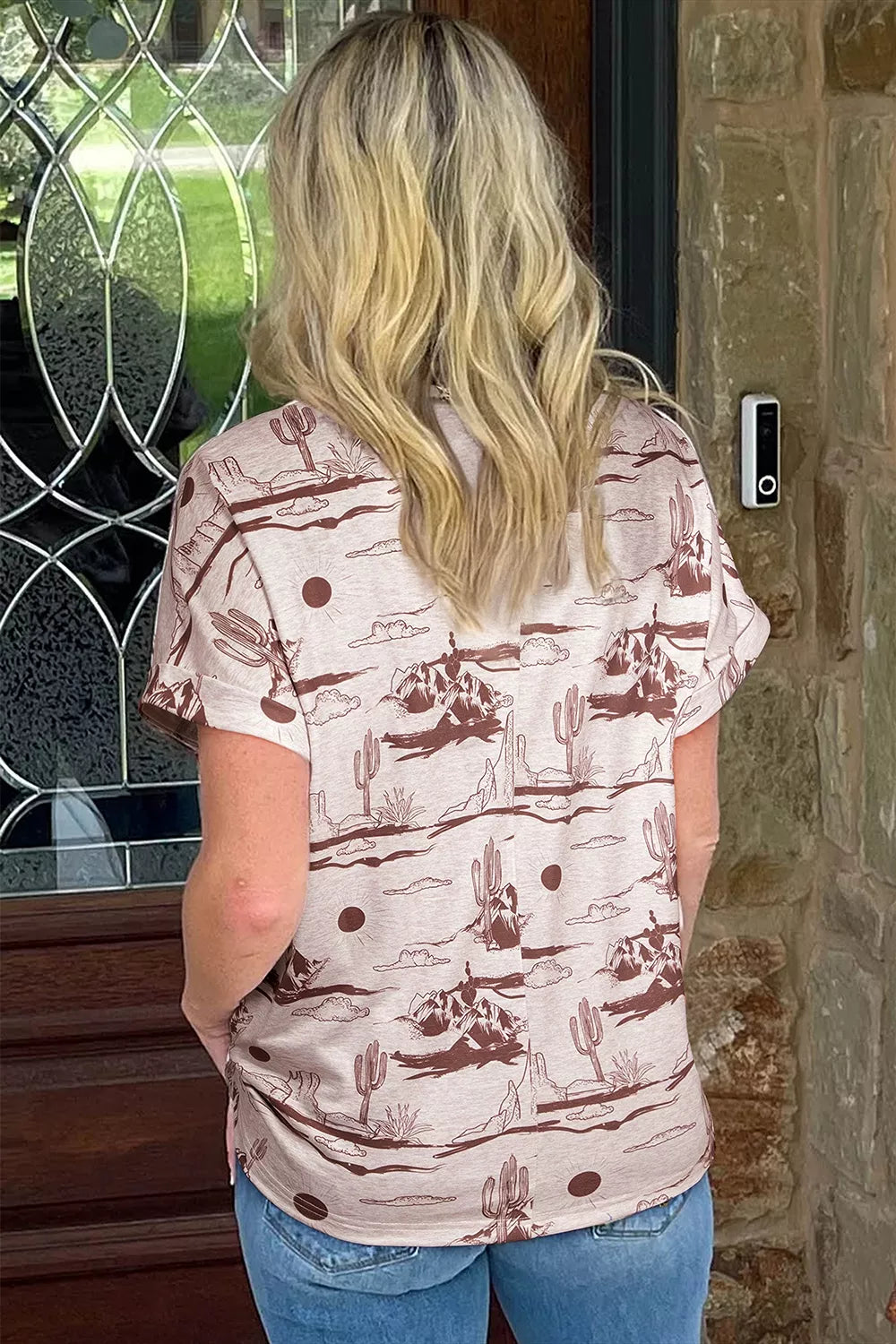 Desert Sand Print Short Sleeve Knit Top in Dust Storm, side view
