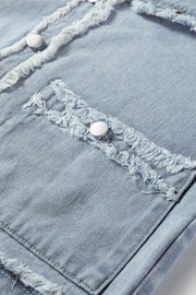 Light wash denim vest with frayed edges, button front, and chest pockets.