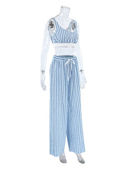 Blue and white striped pajama set with cami and wide-leg pants.