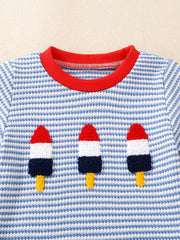 Baby tee with blue and white stripes, red trim, and ice cream appliques.