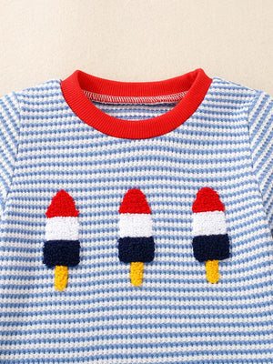 Baby tee with blue and white stripes, red trim, and ice cream appliques.