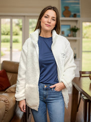 Ivory textured sherpa zip-up jacket with stand collar and pockets