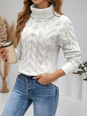 White cable-knit turtleneck sweater with a cozy, comfortable fit.