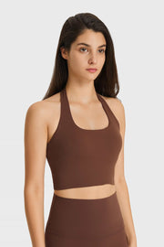 Brown halter neck sports bra with ruched back detail