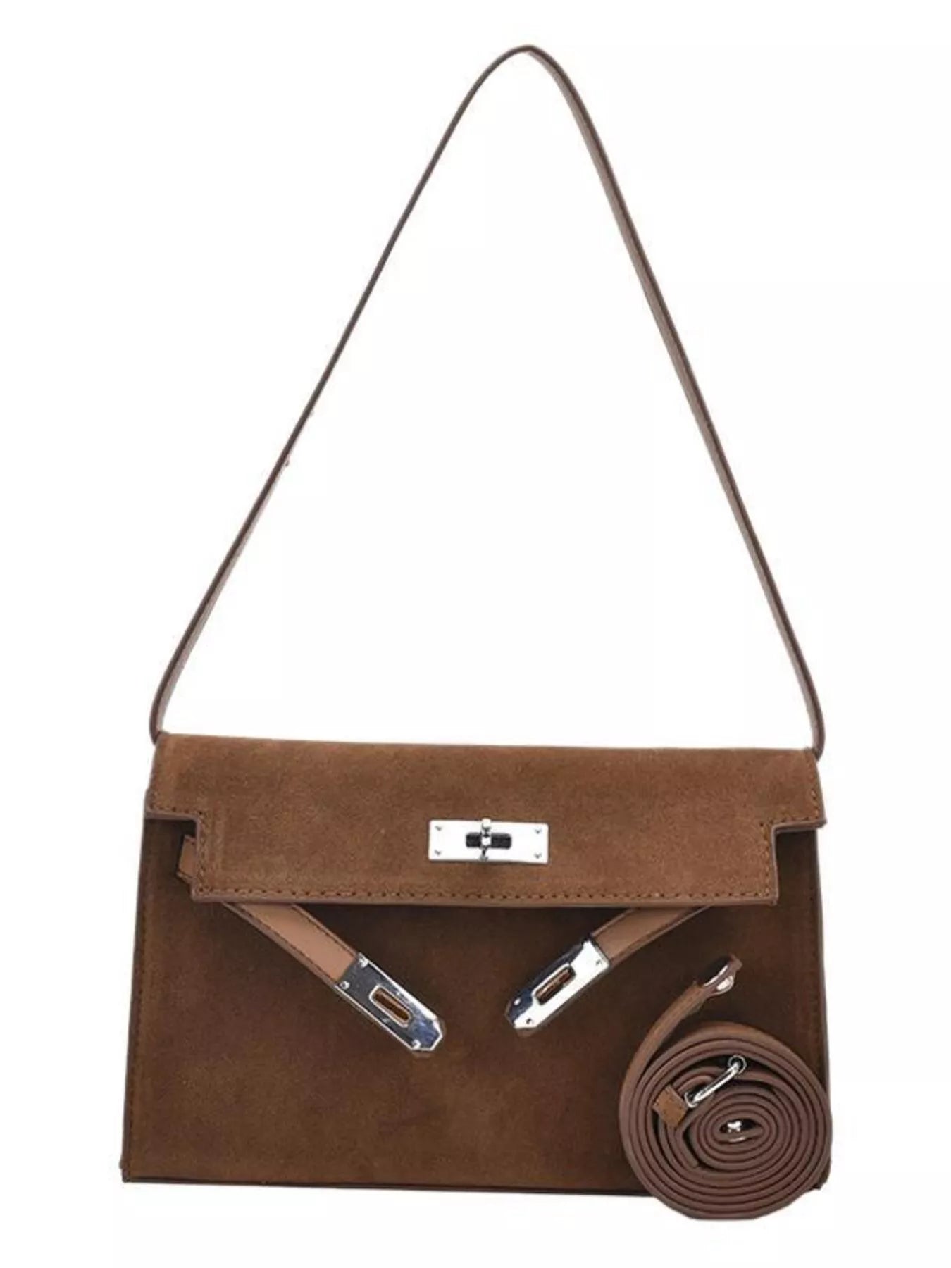 Brown suede shoulder bag with silver hardware and a top handle.