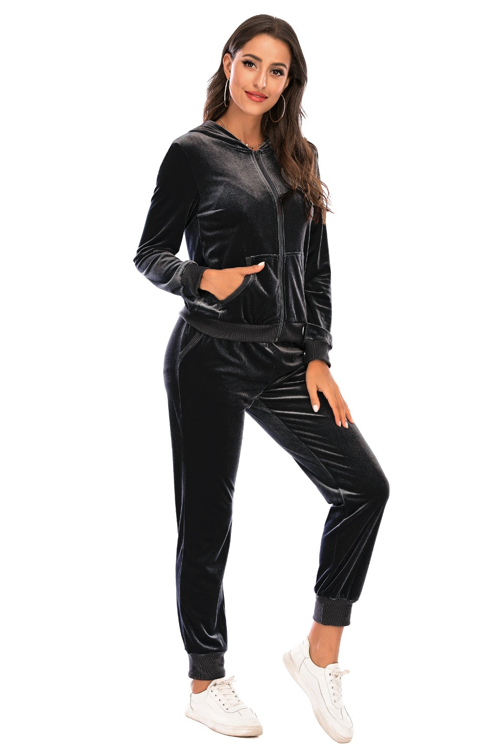 Velvet loungewear set in charcoal with zip-up hoodie and jogger pants.