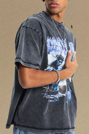 Black graphic t-shirt with half sleeves and a washed-out look.