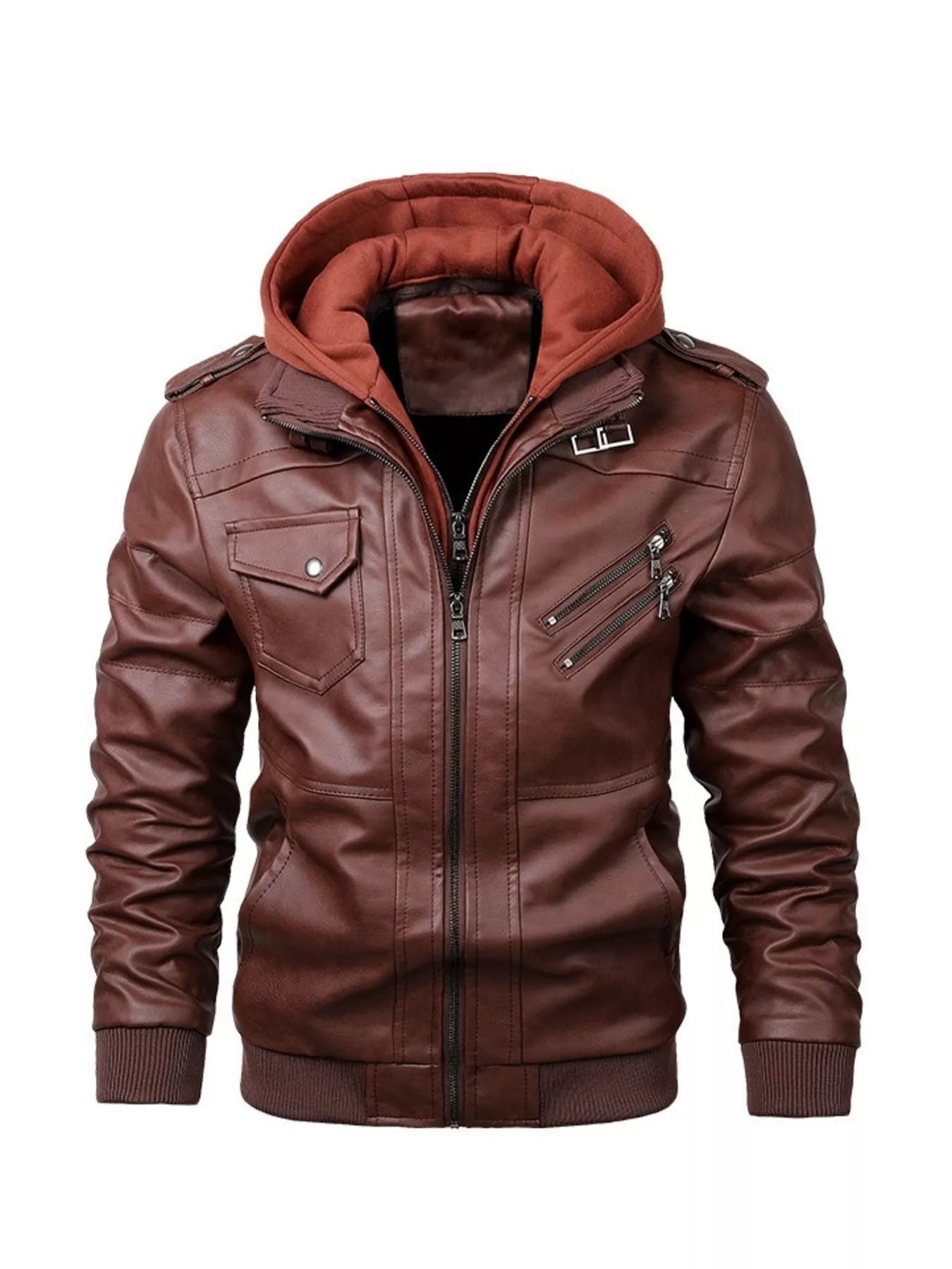 Brown faux leather hooded jacket with zippered pockets and snap chest pocket.