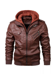Brown faux leather hooded jacket with zippered pockets and snap chest pocket.