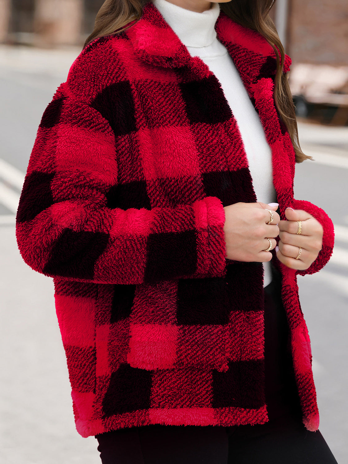 Plaid sherpa overshirt jacket in Deep Red and Black buffalo check with button front and collar.