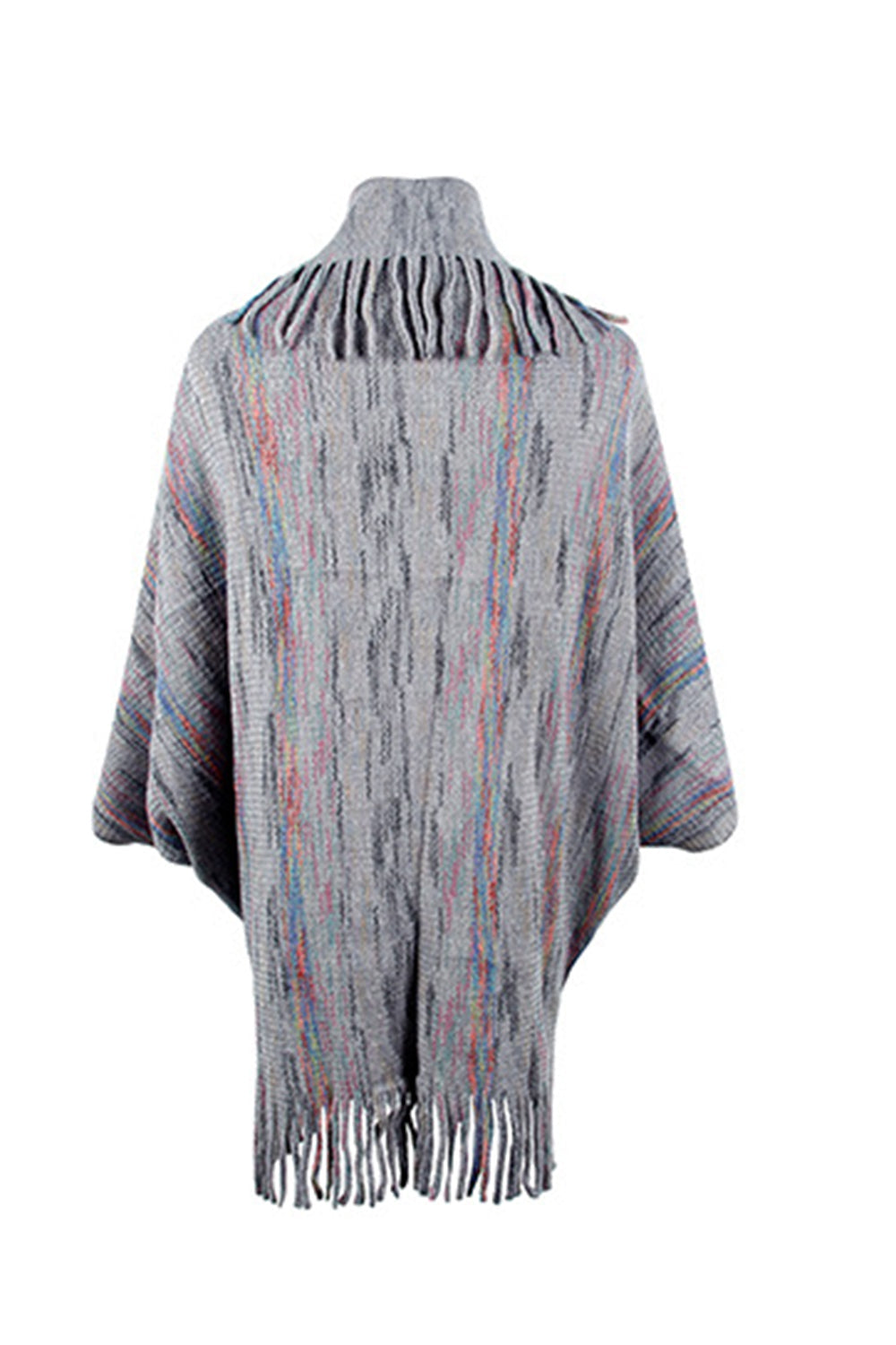 Textured knit cape in charcoal with colorful stripes and fringe trim at neckline and hem.
