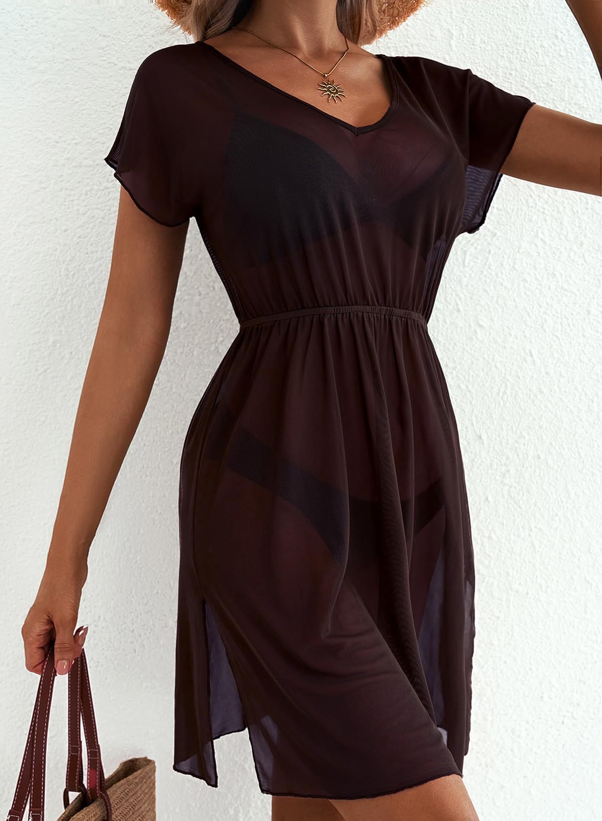 Brown sheer mini dress with V-neck, short sleeves, elastic waist, and side slit.