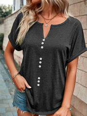 Buttoned V-neck short sleeve t-shirt in dark gray with decorative white buttons.