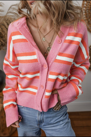 Pink striped knit cardigan with button front and ribbed cuffs.