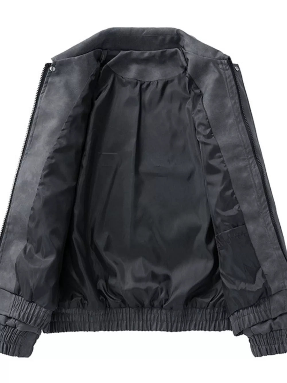Gray embroidered bomber jacket with elastic cuffs and collar detail.