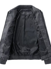 Gray embroidered bomber jacket with elastic cuffs and collar detail.