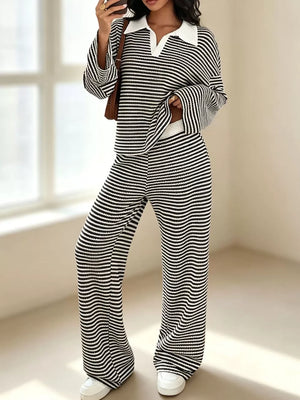 Striped Long Sleeve Polo And Wide-leg Pants Set in Green, alternate angle