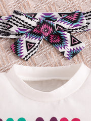 Baby girls' cotton set with geometric print headband and white top detail