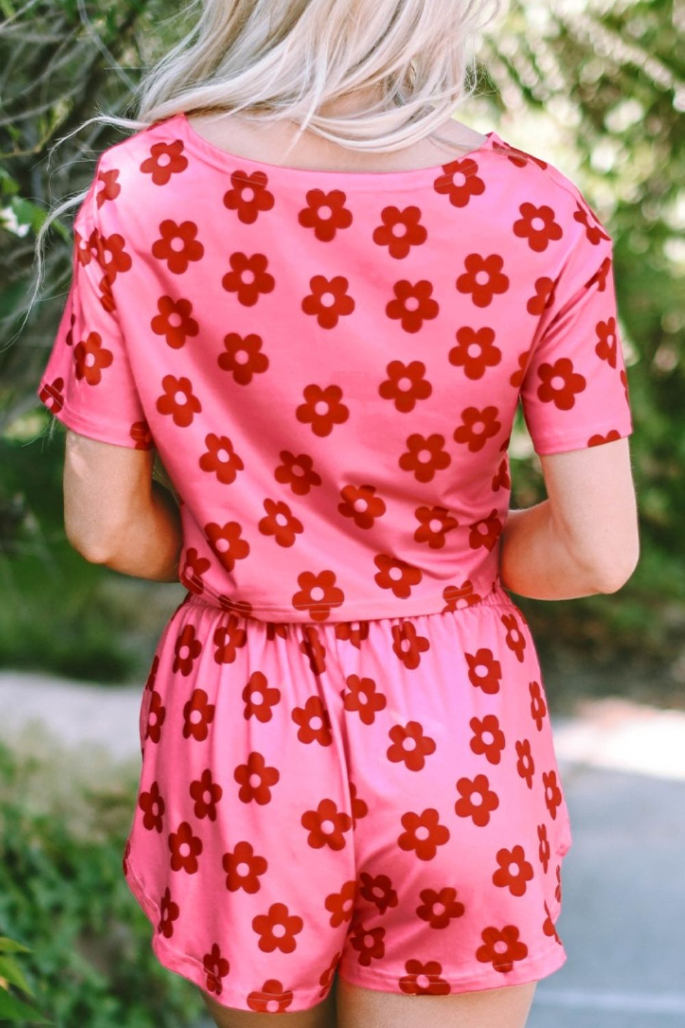 Coral retro floral crop top and shorts set with a casual, comfortable fit.