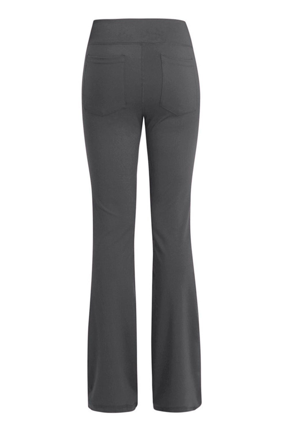 Gray flare-leg performance trousers with two back pockets.