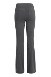 Gray flare-leg performance trousers with two back pockets.