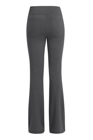 Gray flare-leg performance trousers with two back pockets.