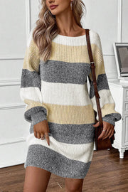 Striped knit mini dress with balloon sleeves and boatneck in yellow, gray, and white acrylic.