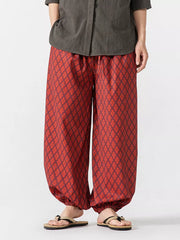 Red Wine harem joggers with diamond pattern and elastic cuffs