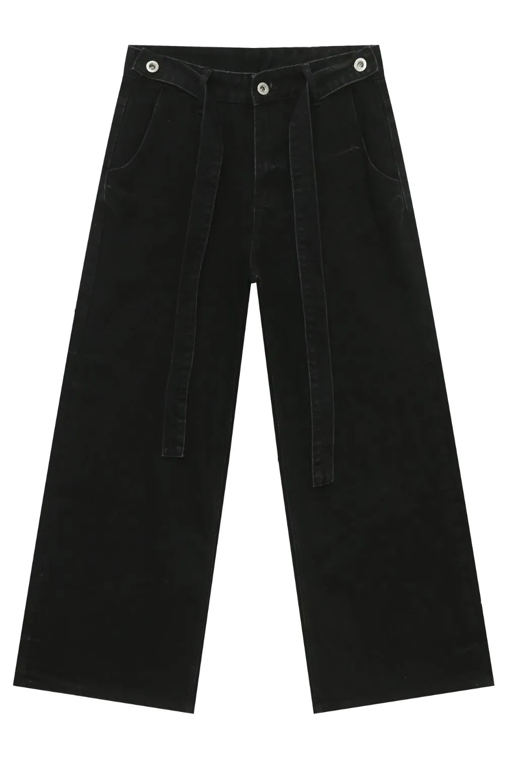 Black denim wide leg pants with tie waist and exaggerated flare.